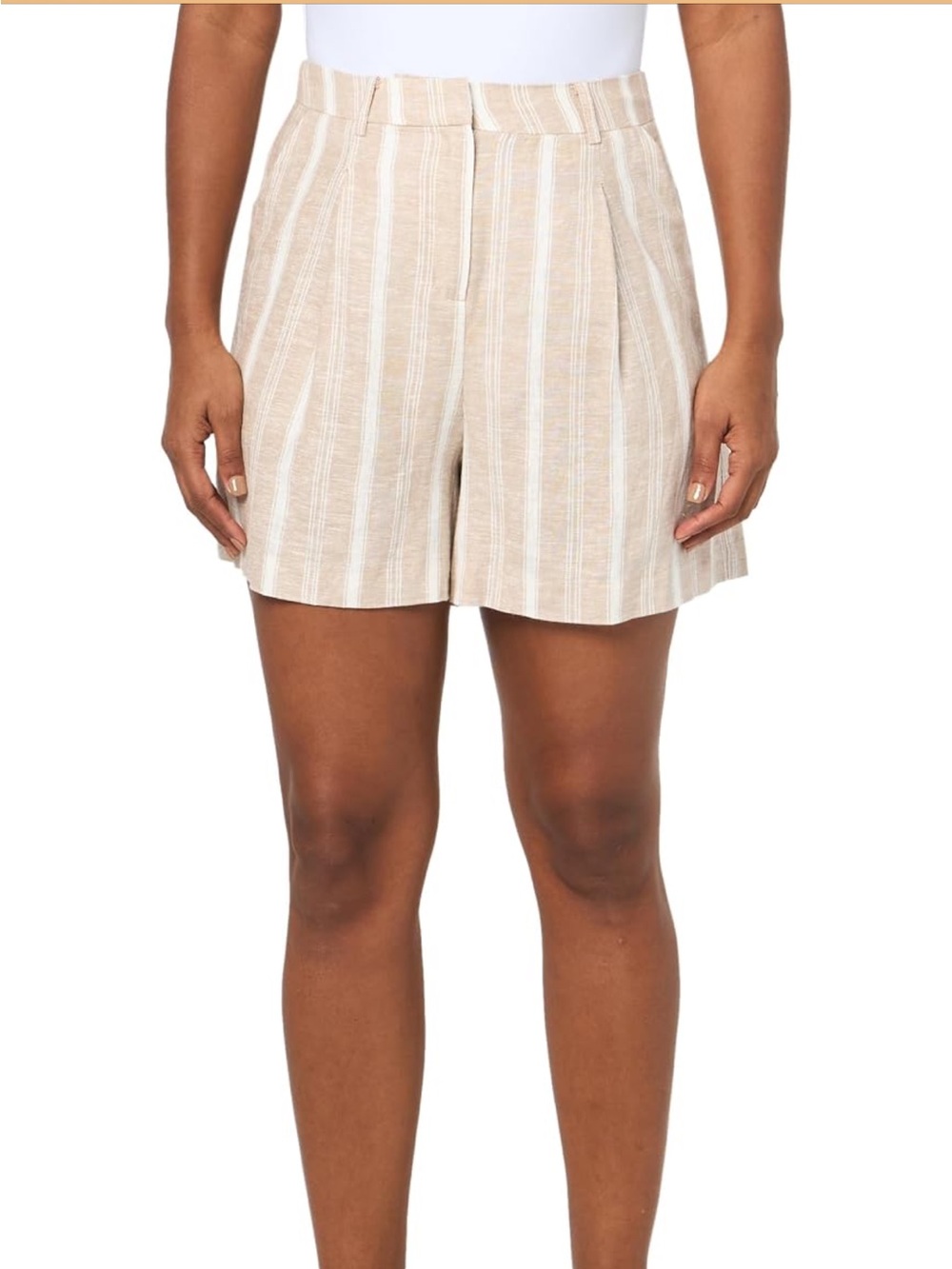 NWT BCBG Linen-Blend Striped High-Waist Shorts - Beige